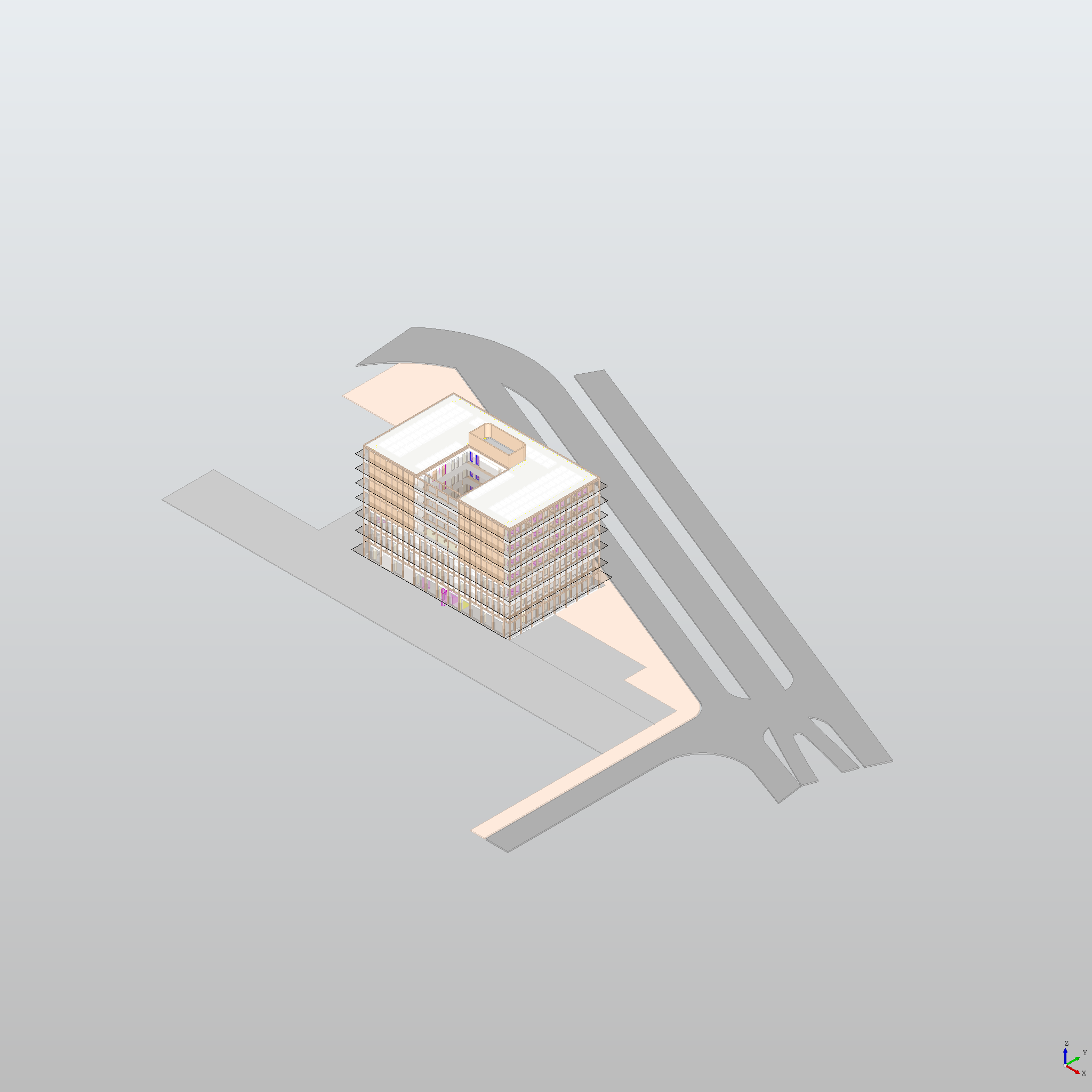 3D model of the building and the marked planes where the floor plans are extracted